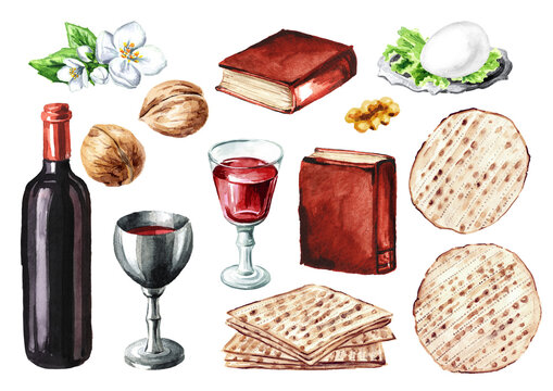 Passover. Jewish holiday Pesach. Watercolor hand drawn illustration, isolated on white background