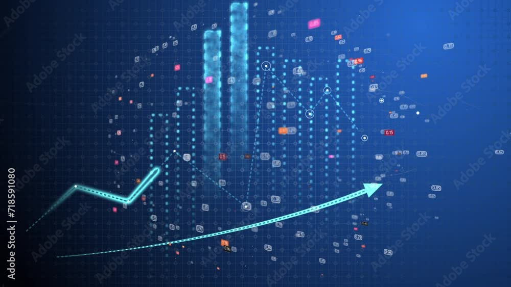 Poster digital graphs and charts moving on blue background with digital chaos. computer graphics on a trend