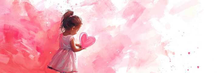 Banner with cute girl aganist child painted pink hearts background - obrazy, fototapety, plakaty
