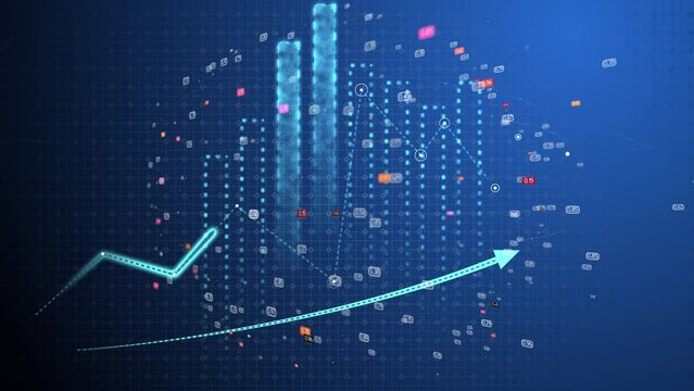 Digital graphs and charts moving on blue background with digital chaos. Computer graphics on a trendy background