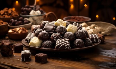 Assortment of chocolate candies on wooden background.