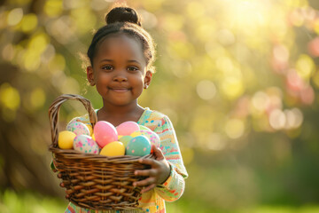 Cute african american girl holding basket of colorful Easter eggs - obrazy, fototapety, plakaty