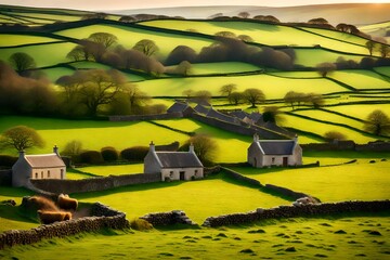Obraz na płótnie Canvas A rustic rural landscape in Northern Ireland, showcasing vast green fields bordered by ancient stone walls, scattered with quaint cottages and grazing sheep