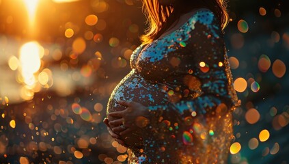 Pregnant woman with bokeh lights on the background