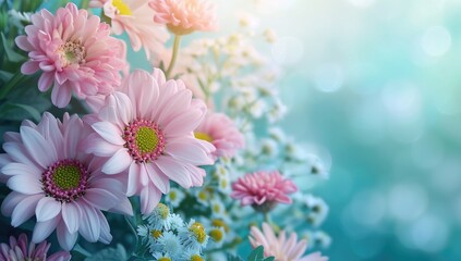Floral background with pink chrysanthemums and daisies