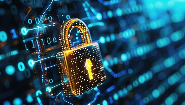 Padlock amidst binary code symbolizing cyber security