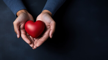 Red Heart in Woman's Hands on Dark Background With Copy Space