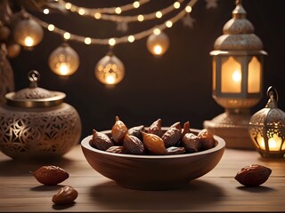 Dates fruit in a bowl with lantern for iftar ramadan