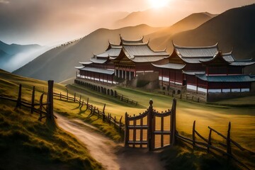 A contemplative mood captured by a wooden gate, weathered by time, framing the expansive beauty of a ranch with Ganden Sumtseling Monastery as its backdrop in Shangri-la, Yunnan - obrazy, fototapety, plakaty