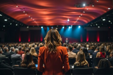 Woman speaker presenter at business conference and presentation, education seminar meeting indoor hall generative ai