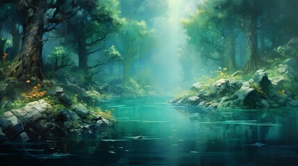 a blue and lush green colors blend together, creating a dreamlike and fantastical background reminiscent of a calm lake surrounded by lush foliage, evoking a sense of wonder and tranquility.