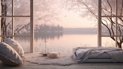 a visually soothing and calming atmosphere, reminiscent of a calm lake reflecting the soft hues of the sky and surrounding foliage.