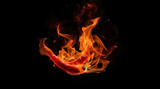 The chili pepper is on fire. A flame of fire in the shape of chili pepper.Red glowing chili pepper on black. A chili pepper with fire