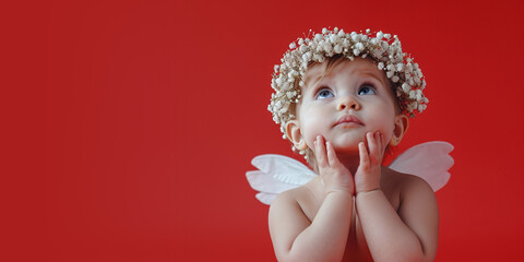 Fototapeta premium Banner Innocent baby angel with floral crown on red, dreamy cherub with wings. AI Generative