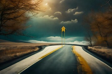 A metaphorical scene featuring a road diverging with an arrow sign, surrounded by a surreal atmosphere that conveys the complexity of choices and decisions - obrazy, fototapety, plakaty