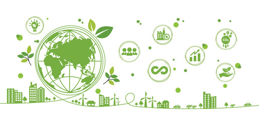 Circular economy concept for future growth of business. Reuse and renewable material resources and sustainable environment with icons. Green ecology template flat design with doodle style, vector. - obrazy, fototapety, plakaty