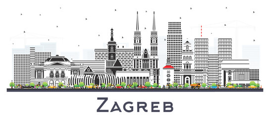 Zagreb Croatia City Skyline with Color Buildings isolated on white. Zagreb Cityscape with Landmarks. Business Travel and Tourism Concept with Historic Architecture.