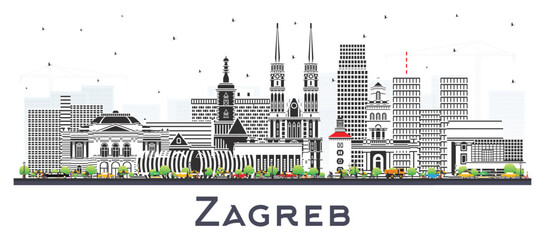 Obraz premium Zagreb Croatia City Skyline with Color Buildings isolated on white. Zagreb Cityscape with Landmarks. Business Travel and Tourism Concept with Historic Architecture.