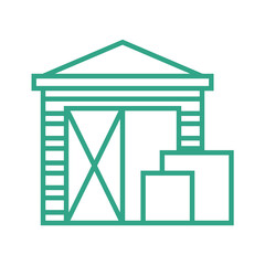Outline small warehouse icon isolated on white background. Part of supply chain. Door of loading discharging terminal. Boxes.