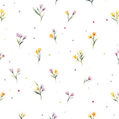 watercolor-illustration-of-freesia-floral-pattern-intertwined-with-red-mini-ribbons-minimalist-style