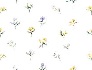 Fototapeta na wymiar watercolor-illustration-of-freesia-floral-pattern-intertwined-with-red-mini-ribbons-minimalist-style