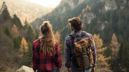 couple hiking in the mountains - obrazy, fototapety, plakaty