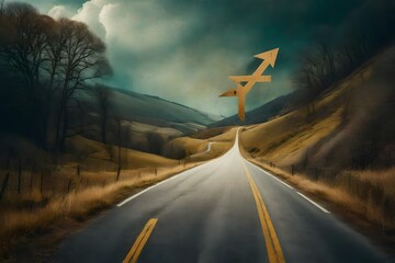 A metaphorical scene featuring a road diverging with an arrow sign, surrounded by a surreal atmosphere that conveys the complexity of choices and decisions