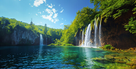 Beautiful waterfall in Plitvice Lakes National Park, Croatia.