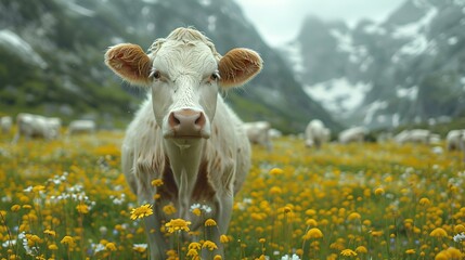 Serene cow amidst blooming flowers in a misty mountain meadow. tranquil and idyllic rural scene. AI