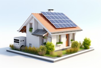 3D house with solar cells white background - obrazy, fototapety, plakaty