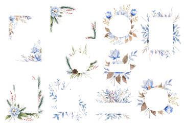 Set Of Hand Drawn Watercolor Winter Frames Of Blue Flowers