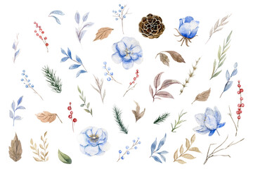 Set Of Hand Drawn Watercolor Dusty Blue And Brown Floral Elements  