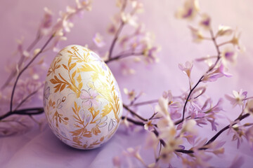 Flower painted Easter egg on lilac background