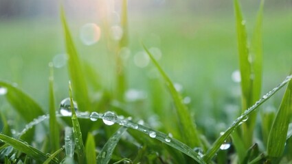 Grass with rain drops. Blurred green grass background with water drops