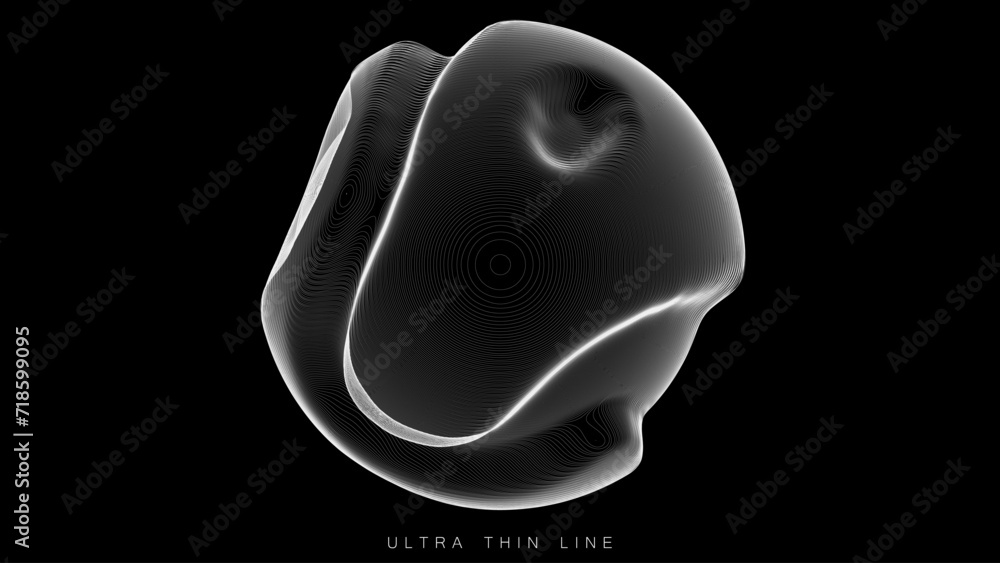 Poster ultra thin line fluid geometry. dynamic vector distorted spheres.