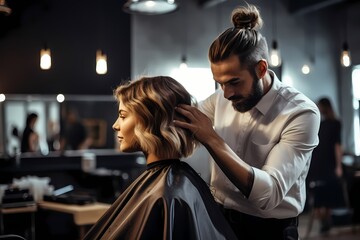 A hairdresser styling a client's hair in a trendy salon.