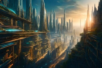 A thought-provoking choice-variation scenario on a futuristic city skyline, where hovering pathways split in different directions, one leading to a utopian city bathed in sunlight - obrazy, fototapety, plakaty