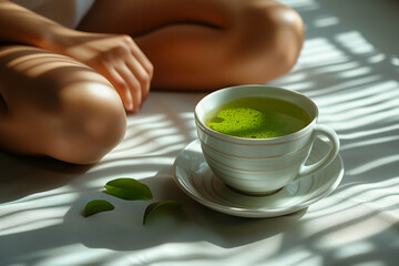 Bol de thé vert de luxe dans un bol en émail vert et crème à côté d'une femme assise, boisson détox et régénérante, vertus thérapeutiques du thé vert et du matcha - obrazy, fototapety, plakaty