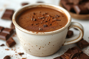 Gros plan d'un tasse de chocolat chaud en céramique, chocolat à l'ancienne de qualité, liquoreux et savoureux au goût - obrazy, fototapety, plakaty