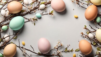 Beautiful Easter eggs and tree branches on light background with space for text