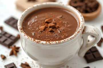 Gros plan d'un tasse de chocolat chaud en céramique, chocolat à l'ancienne de qualité, liquoreux et savoureux au goût