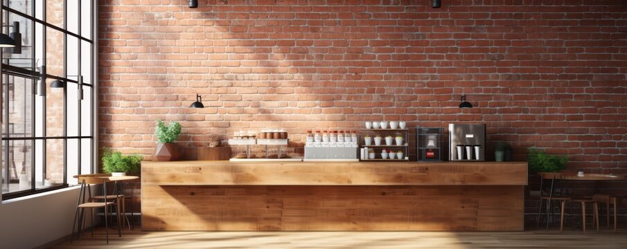 Fototapeta  During the daytime, an empty coffee shop interior is characterized by a wooden design counter, with a red brick wall serving as a distinctive backdrop