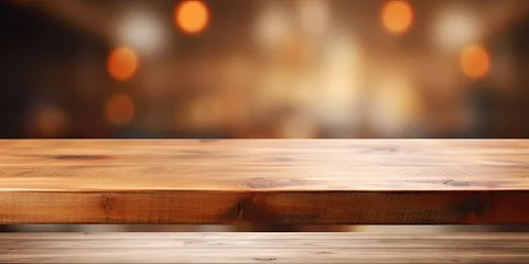 Fotobehang Blurred background with a wooden table for product display. © Sona