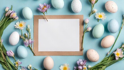 Naklejka na ściany i meble Easter composition. Easter eggs, flowers, paper blank on pastel blue background. Flat lay, top view, copy space