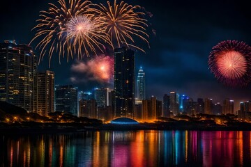 A mesmerizing nocturnal cityscape with a fireworks display bursting in vibrant hues above, reflecting in shimmering waters below, skyscrapers outlined against the colorful explosions
