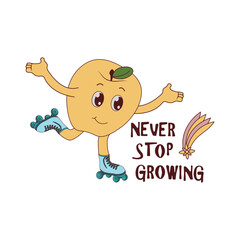 Vintage characters and elements with 70s hippie style set. Cute stickers or badges in a trendy psychedelic style. Never stop growing,  apple groovy, inscription in cartoon groovy style. Vector illustr