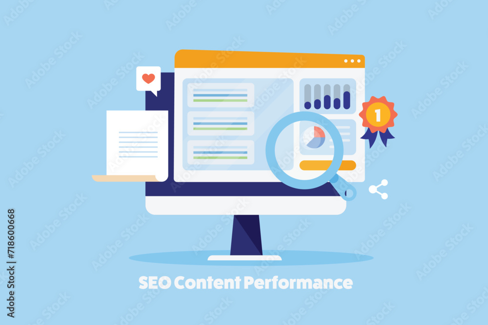 Poster website content performance on search engine ranking page, seo development conceptual vector illustr
