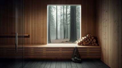 Fototapeta premium Wooden sauna interior with steam coming out of the window.