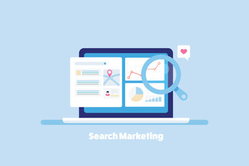 Search engine marketing and ad performance analytics data on laptop screen, vector illustration. - obrazy, fototapety, plakaty