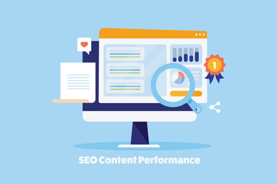 Website content performance on search engine ranking page, SEO development conceptual vector illustration.
